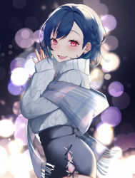 Rule 34 | 1girl, aran sweater, black skirt, blue hair, blue shawl, blurry, bokeh, braid, cable knit, colored inner hair, cowboy shot, depth of field, fang, from side, highres, kokutou 3, long sleeves, looking at viewer, multicolored hair, night, nijisanji, nishizono chigusa, open mouth, outdoors, pink eyes, shawl, short hair, side slit, skin fang, skirt, sleeves past wrists, smile, solo, steepled fingers, sweater, turtleneck, turtleneck sweater, virtual youtuber, white sweater