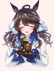 Rule 34 | 1girl, ahoge, animal ears, black gloves, blush, brown hair, collared shirt, commentary request, creature and personification, crown, daring tact (racehorse), daring tact (umamusume), ear ornament, facing viewer, gloves, hair between eyes, heart, highres, horse ears, horse girl, jacket, kashmir 0808, liberty island (racehorse), long hair, long sleeves, multicolored hair, open mouth, shirt, smile, solo, streaked hair, umamusume, upper body, white jacket