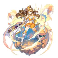 Rule 34 | 1girl, armored boots, axe, bare shoulders, blue eyes, boots, bow, breasts, brown hair, cleavage, cleavage cutout, clothing cutout, dragalia lost, full body, hair bow, hair ornament, hair ribbon, holding, julietta (dragalia lost), large breasts, long hair, non-web source, official art, ribbon, rock, saitou naoki, skirt, solo, standing, transparent background, wind, yellow skirt