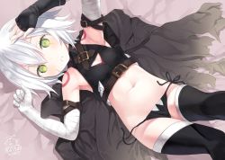 Rule 34 | 1girl, armpits, arms up, bandaged arm, bandages, black gloves, black panties, black thighhighs, breasts, capriccio, cleavage, crop top, dated, dutch angle, fate/apocrypha, fate (series), fingerless gloves, gloves, green eyes, jack the ripper (fate/apocrypha), looking at viewer, lying, midriff, navel, on back, panties, parted lips, scar, side-tie panties, silver hair, single glove, small breasts, solo, stitches, tattoo, thighhighs, turtleneck, underwear, untied panties