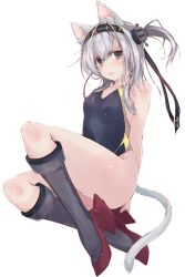 Rule 34 | 1girl, animal ears, black footwear, black one-piece swimsuit, boots, breasts, brown eyes, cat ears, cat tail, competition swimsuit, headband, kantai collection, kemonomimi mode, long hair, looking at viewer, one-piece swimsuit, one side up, silver hair, simple background, small breasts, solo, suzutsuki (kancolle), swimsuit, tail, white background, yumesato makura