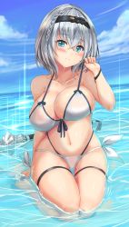 Rule 34 | 1girl, alternate costume, bikini, blue eyes, blush, bracelet, braid, breasts, cloud, cloudy sky, collarbone, commentary request, day, glint, hair between eyes, hairband, head tilt, highres, hololive, jewelry, large breasts, looking at viewer, mace, miyuki rei, mole, mole on breast, navel, ocean, seiza, shirogane noel, short hair, silver hair, sitting, sky, solo, swimsuit, thigh strap, virtual youtuber, wading, weapon, wet, white bikini
