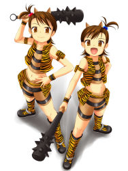 Rule 34 | 2girls, :d, animal print, blue oni, boots, club (weapon), cool &amp; sexy (idolmaster), cosplay, flipped hair, futami ami, futami mami, idolmaster, idolmaster (classic), idolmaster 1, kanabou, multiple girls, nishi (count2.4), oni, open mouth, red oni, siblings, sisters, smile, tetsubo (weapon), tiger print, twins, weapon