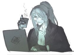 Rule 34 | alternate hairstyle, bare pectorals, bracer, coat, commentary, computer, crisis core final fantasy vii, cup, drink, english commentary, final fantasy, final fantasy vii, glasses, gloves, hair over one eye, hand up, high collar, highres, holding, holding cup, holding drink, laptop, limited palette, long bangs, long hair, long sleeves, looking down, open clothes, open coat, parted bangs, parted lips, pectorals, ponytail, rectangular eyewear, sephiroth, simple background, slit pupils, tatamu, white background