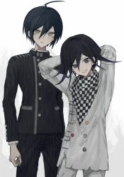 Rule 34 | 2boys, ahoge, bad id, bad twitter id, black hair, black jacket, black pants, buttons, checkered clothes, checkered scarf, commentary request, cowboy shot, danganronpa (series), danganronpa v3: killing harmony, double-breasted, grey background, grey jacket, hair between eyes, highres, iumi urura, jacket, long sleeves, looking at viewer, male focus, multiple boys, oma kokichi, pants, purple eyes, saihara shuichi, scarf, short hair, simple background, standing, striped clothes, striped jacket, striped pants