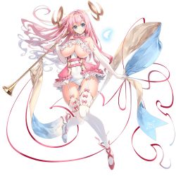 Rule 34 | 1girl, blue eyes, breasts, dennou tenshi djibril, elbow gloves, floating hair, full body, garter straps, gloves, holding, holding instrument, huge breasts, instrument, long hair, looking at viewer, official art, pink hair, red ribbon, ribbon, smile, solo, thighhighs, transparent background, trumpet, underboob, white gloves, white thighhighs