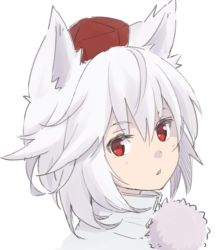 Rule 34 | 1girl, animal ears, hair between eyes, hat, high collar, inubashiri momiji, leon (mikiri hassha), looking at viewer, looking to the side, parted lips, pom pom (clothes), portrait, red eyes, shirt, short hair, simple background, solo, tokin hat, touhou, white background, white hair, white shirt, wolf ears