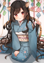 Rule 34 | 1girl, animal ears, blue kimono, blue nails, blush, breasts, commentary request, extra ears, floral print, green nails, hair ribbon, hand on own thigh, hand up, heripiro, highres, japanese clothes, kimono, long hair, looking at viewer, multicolored nails, nail polish, obi, original, print legwear, red eyes, red nails, ribbon, sash, seiza, sitting, smile, solo, tail, tail raised, tiger ears, tiger tail, very long hair, yellow nails