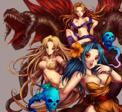 Rule 34 | 1990s (style), 3girls, :o, armlet, barbariccia, bikini, blonde hair, blue hair, breasts, byunei, choker, cleavage, earrings, elf, final fantasy, final fantasy iv, flower, green eyes, hair flower, hair ornament, hairband, jewelry, kara (color), large breasts, long hair, monster girl, multiple girls, naked ribbon, open mouth, pointy ears, red eyes, retro artstyle, ribbon, rocbouquet, rocbouquet (saga), romancing saga, romancing saga 2, romancing saga 3, saga, side slit, skull, smile, square enix, swimsuit, thigh strap, very long hair