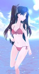 Rule 34 | 1girl, akihikohex, bikini, black hair, blue eyes, blue sky, breasts, cloud, day, fate/stay night, fate (series), front-tie top, full body, hair ornament, hair ribbon, highres, long hair, looking away, looking to the side, medium breasts, navel, ocean, open mouth, outdoors, partially submerged, red bikini, ribbon, side-tie bikini bottom, sky, solo, source request, standing, sun, sunburst, sunlight, swimsuit, tohsaka rin, twintails, two side up, wading, water