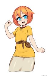 Rule 34 | 1girl, aged down, artist name, belt pouch, blue eyes, bob cut, child, cowboy shot, dovakini-chan (nisetanaka), dress, highres, jewelry, leather belt, looking at viewer, necklace, nisetanaka, open mouth, orange hair, pointing, pointing at self, pouch, short hair, simple background, small penis, solo, standing, white background, yellow dress