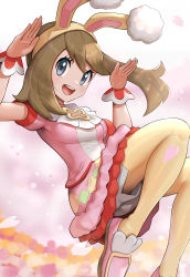 Rule 34 | 1girl, :d, blush, breasts, brown hair, commentary request, creatures (company), eyelashes, floating hair, game freak, gonzarez, grey eyes, hairband, hands up, highres, long hair, may (pokemon), may (spring 2021) (pokemon), nintendo, official alternate costume, open mouth, pantyhose, petals, pink footwear, pokemon, pokemon masters ex, rabbit pose, shoes, short sleeves, skirt, smile, solo, teeth, tongue, wrist cuffs, yellow hairband, yellow pantyhose