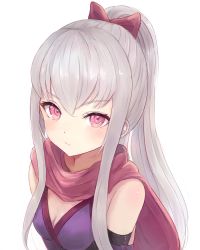 Rule 34 | 1girl, alternate costume, bare shoulders, blush, bow, breasts, cleavage, closed mouth, fire emblem, fire emblem: three houses, hair bow, japanese clothes, kimono, leonmandala, long hair, lysithea von ordelia, ninja, nintendo, pink eyes, pink scarf, ponytail, purple kimono, red bow, scarf, sidelocks, signature, silver hair, simple background, small breasts, solo, v-shaped eyebrows, white background