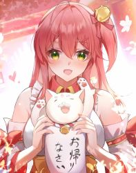 Rule 34 | 1girl, 35p (sakura miko), ahoge, bare shoulders, bell, cat, detached sleeves, fang, green eyes, hair bell, hair between eyes, hair ornament, hairclip, heart, highres, hololive, lims (neko2lims), looking at viewer, open mouth, pink hair, sakura miko, sakura miko (1st costume), skin fang, virtual youtuber, x hair ornament