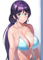 Rule 34 | 1girl, absurdres, bikini, blue bikini, breasts, collarbone, commentary, green eyes, highres, large breasts, long hair, looking at viewer, love live!, mizuno kakeru, navel, purple hair, solo, standing, swimsuit, tojo nozomi, twintails, upper body, white background