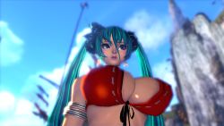 Rule 34 | 10s, 1girl, 3d, alternate breast size, alternate costume, aqua hair, armlet, backlighting, beach, bikini, blade &amp; soul, blue eyes, blurry, breasts, cliff, closed mouth, cloud, day, depth of field, earrings, facing viewer, from below, front-tie bikini top, front-tie top, gon (blade &amp; soul), hair between eyes, hair ornament, hair scrunchie, hatsune miku, huge breasts, jewelry, large breasts, lipstick, long hair, looking at viewer, makeup, outdoors, pink lips, red bikini, ribbon-trimmed bikini, ribbon trim, rock, scrunchie, sky, solo, straight hair, swimsuit, twintails, upper body, vocaloid