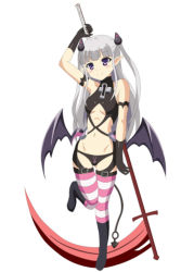 Rule 34 | 1girl, blunt bangs, demon girl, full body, k (nura-rikuo), long hair, low wings, naruse maria, pink thighhighs, pointy ears, purple eyes, shinmai maou no testament, solo, split mouth, standing, standing on one leg, thighhighs, white hair, wings