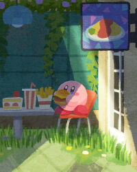 Rule 34 | blue eyes, blush stickers, cake, chair, cup, disposable cup, eating, food, grass, highres, kirby, kirby (series), kirby and the forgotten land, lamp, miclot, nintendo, no humans, omelet, omurice, plant, sign, table, vines, window