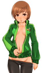 Rule 34 | 1girl, atlus, bike shorts, bike shorts pull, breasts, brown eyes, brown hair, center opening, clothes pull, groin, no bra, no panties, open clothes, open shirt, pants, pants pull, persona, persona 4, pulling own clothes, sato iori, satonaka chie, shirt, short hair, shorts, shorts pull, solo, unzipped, unzipping