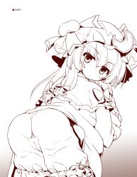 Rule 34 | 1girl, ass, betei, bloomers, blush, bow, breasts, cameltoe, crescent, crescent hair ornament, greyscale, hair bow, hair ornament, hat, hat bow, long hair, looking back, monochrome, patchouli knowledge, sketch, solo, touhou, underwear
