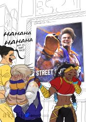 Rule 34 | 1girl, 1koma, 2boys, absurdres, ayaki blade, black hair, capcom, comic, covered mouth, covering face, covering own mouth, crop top, dark-skinned female, dark skin, embarrassed, english text, hand on another&#039;s shoulder, hand over own mouth, hands on own face, highres, jamie siu, kimberly jackson, laughing, long hair, looking at object, luke sullivan, midriff, multiple boys, navel, official art inset, short hair, stifled laugh, stomach, street fighter, street fighter 6, tearing up, trembling, watermark