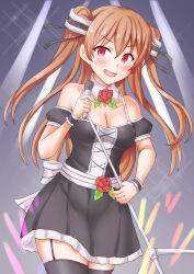 Rule 34 | 1girl, alternate costume, anti (untea9), black dress, black thighhighs, blush, breasts, brown eyes, cleavage, dress, frilled dress, frills, glowstick, highres, idol, idol clothes, johnston (kancolle), kantai collection, light brown hair, long hair, medium breasts, microphone, off shoulder, open mouth, red brooch, smile, solo, stage, thighhighs, two side up