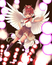 Rule 34 | 1girl, bird, boots, brown eyes, brown footwear, brown hair, brown skirt, chick, danmaku, feathered wings, full body, hand on own hip, highres, knee boots, multicolored hair, niwatari kutaka, open mouth, outstretched arm, shirt, skirt, smile, solo, tail, touhou, two-tone hair, white hair, white shirt, wings, yudepii