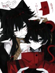 2boys absurdres animal_ears animalization black_eyes black_hair black_jacket cat_boy cat_ears chinese_commentary chinese_text closed_mouth colored_skin commentary_request du_kks earrings facial_tattoo grin hair_between_eyes hand_on_another&#039;s_cheek hand_on_another&#039;s_face hand_on_another&#039;s_head high_collar highres jacket jewelry kemonomimi_mode li_yuting_(male) li_yuting_(mouse) long_hair male_focus mole mole_under_eye mouse_boy mouse_ears mouse_tail multiple_boys open_clothes open_jacket red_jacket shirt short_hair smile tail tattoo touqi_guaitan translation_request white_shirt white_skin ziche_fuzhao