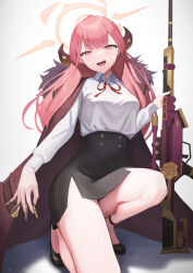 Rule 34 | 1girl, afe., aru (blue archive), between fingers, black skirt, blue archive, breasts, bullet, coat, coat on shoulders, fur-trimmed coat, fur trim, gun, halo, holding, holding bullet, holding gun, holding weapon, horns, long hair, looking at viewer, medium breasts, pencil skirt, pink eyes, pink hair, rifle, shirt, skirt, sniper rifle, solo, squatting, thighs, weapon, white shirt