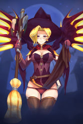Rule 34 | 1girl, :&gt;, blonde hair, blue eyes, breasts, broom, cleavage, clothes lift, hat, highres, kuso otoko, lifted by self, looking at viewer, lowleg, lowleg panties, mechanical wings, mercy (overwatch), moon, night, official alternate costume, overwatch, overwatch 1, panties, pelvic curtain, skindentation, skirt, skirt lift, smile, solo, thighhighs, underwear, wings, witch, witch hat, witch mercy