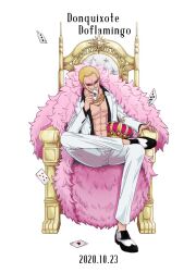 Rule 34 | 1boy, black shirt, blonde hair, can 400, card, character name, coat, crossed legs, crown, dated, donquixote doflamingo, feather coat, formal, happy birthday, holding, holding card, jewelry, joker (playing card), looking at viewer, male focus, muscular, muscular male, necklace, one piece, open clothes, pants, pink coat, playing card, shirt, short hair, simple background, sitting, smile, suit, sunglasses, teeth, throne, white background, white pants, white suit