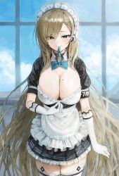 Rule 34 | 1girl, apron, asuna (blue archive), black dress, blue archive, blue bow, blue bowtie, blue eyes, blush, bow, bowtie, breasts, cleavage, closed mouth, clothes pull, cloud, commentary request, day, dress, dress pull, frilled dress, frills, garter straps, gloves, halo, headphones, highres, large breasts, light brown hair, long hair, looking at viewer, maid, maid headdress, mole, mole on breast, mouth hold, short sleeves, solo, sonchi, thighhighs, very long hair, white apron, white gloves, white thighhighs, window