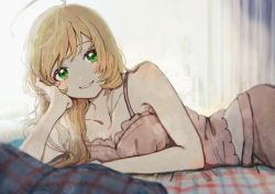 Rule 34 | 1girl, ahoge, alternate costume, alternate hairstyle, armpits, bad id, bad pixiv id, bare shoulders, bed sheet, blonde hair, blush, breasts, cleavage, collarbone, green eyes, grin, hand on own cheek, hand on own face, highres, idolmaster, idolmaster cinderella girls, kougouseitanosi, lens flare, long hair, looking at viewer, lying, medium breasts, morning, off shoulder, on side, pajamas, sato shin, smile, solo, strap slip, sunlight