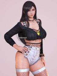 Rule 34 | 1girl, 3d, alternate costume, artist name, black choker, black hair, black shirt, breasts, choker, closed mouth, cowboy shot, cropped shirt, denim, denim shorts, earrings, final fantasy, final fantasy vii, final fantasy vii remake, fishnet thighhighs, fishnets, frayed clothes, hand on own hip, highres, jewelry, large breasts, lips, long hair, long sleeves, raidenwgt, red eyes, shirt, short shorts, shorts, simple background, single earring, single sidelock, skindentation, smile, solo, square enix, strapless, swept bangs, thighhighs, thighs, tifa lockhart, tube top, yellow tube top
