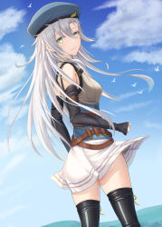 Rule 34 | 1girl, beret, bird, blue sky, boots, breasts, clothes lift, cloud, detached sleeves, eiyuu densetsu, fie claussell, floating hair, green eyes, hair between eyes, hat, highres, kuro no kiseki, long hair, looking at viewer, looking back, outdoors, skirt, skirt lift, sky, small breasts, solo, white hair, witch f
