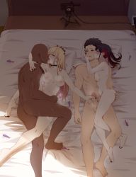 Rule 34 | 2boys, 2girls, absurdres, ass grab, barefoot, bed, black nails, blush, breasts, camera, cheating (relationship), commission, completely nude, condom, cum, cum overflow, dark-skinned male, dark skin, fingernails, from above, full body, gojou wakana, grabbing another&#039;s ass, group sex, handjob, hetero, highres, kitagawa marin, long hair, medium breasts, multiple boys, multiple girls, nail polish, netorare, netorase, nude, orgy, penis, pixiv commission, rea loixacra, recording, sex, sono bisque doll wa koi wo suru, spread legs, sugaya nowa, toenail polish, toenails, toes, toned, toned male, used condom