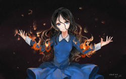 Rule 34 | 1girl, absurdres, alessa gillespie, ann (pixiv), artist name, bad id, bad pixiv id, black hair, blue dress, blue eyes, breasts, copyright name, crying, crying with eyes open, dress, fire, fire, hair between eyes, highres, long hair, long sleeves, signature, silent hill, silent hill (movie), silent hill (series), silent hill 1, small breasts, smile, solo, tears, wavy hair