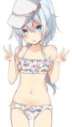 Rule 34 | 1girl, bare arms, bare shoulders, bikini, blue eyes, blush, collarbone, commentary, cowboy shot, double v, flat cap, floral print, frilled bikini, frills, gluteal fold, groin, hair between eyes, hammer and sickle, hands up, hat, hat ornament, head tilt, hibiki (kancolle), high ponytail, highres, kantai collection, long hair, nagami yuu, navel, parted lips, ponytail, print bikini, silver hair, simple background, solo, standing, star (symbol), star hat ornament, swimsuit, symbol-only commentary, unmoving pattern, v, verniy (kancolle), very long hair, white background, white bikini, white hat