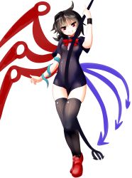 Rule 34 | 1girl, asymmetrical wings, black dress, black hair, black thighhighs, bow, dress, grin, highres, houjuu nue, looking at viewer, nama shirasu, polearm, red eyes, simple background, smile, snake, solo, thighhighs, touhou, trident, weapon, wings, zettai ryouiki