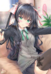 Rule 34 | 1girl, :o, black bow, black hair, black jacket, black skirt, blazer, blush, bow, breasts, brown thighhighs, cardigan, collared shirt, commentary request, dress shirt, green bow, green eyes, grey cardigan, hair between eyes, hair ribbon, heart, highres, indoors, jacket, knees up, long hair, long sleeves, looking at viewer, maruma (maruma gic), open clothes, open jacket, original, outstretched arms, parted lips, plant, pleated skirt, ribbon, school uniform, shirt, sitting, skirt, small breasts, solo, star (symbol), star in eye, symbol in eye, thighhighs, thighs, translation request, tsundere, two side up, v-shaped eyebrows, very long hair, white ribbon, white shirt