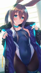 Rule 34 | 1girl, amiya (arknights), animal ears, arknights, black jacket, blue eyes, blue one-piece swimsuit, blush, breasts, brown hair, clothes writing, competition swimsuit, fukai ryosuke, hair between eyes, highleg, highleg swimsuit, highres, indoors, jacket, jewelry, long hair, long sleeves, looking at viewer, multiple rings, neck ring, one-piece swimsuit, open clothes, open jacket, pantyhose, pantyhose under swimsuit, ponytail, rabbit ears, ring, sidelocks, small breasts, solo, swimsuit, thigh strap