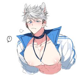 Rule 34 | 1boy, abs, alfi (tok), animal ears, bad id, bad twitter id, blue eyes, cropped torso, fang, jacket, jewelry, kemonomimi mode, large pectorals, mabinogi, male focus, merlin (mabinogi), necklace, nipples, open clothes, open jacket, pectorals, silver hair, simple background, solo, white background, wolf ears