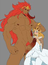 Rule 34 | 2boys, armlet, blonde hair, blush, choker, clothed male nude male, colored skin, crossdressing, crown, dress, earrings, elf, erection, ganondorf, green skin, imminent fellatio, jewelry, kitsune23star, large penis, large testicles, link, long hair, multiple boys, muscular, muscular male, nintendo, nipple piercing, nipple rings, nude, pectorals, penis, penis awe, piercing, pointy ears, precum, red eyes, red hair, size difference, testicles, the legend of zelda, trap, uncensored, yaoi