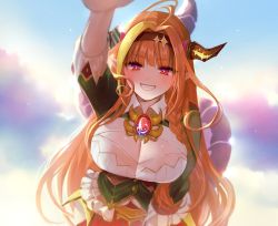 Rule 34 | 1girl, ahoge, blonde hair, blunt bangs, braid, breasts, cleavage, commentary, dragon girl, dragon horns, gem, grin, hairband, highres, hololive, horns, incoming headpat, jewelry, kiryu coco, kiryu coco (1st costume), large breasts, long hair, looking at viewer, mamaloni, multicolored hair, necklace, orange hair, outstretched arm, pointy ears, purple eyes, side braid, sky, smile, solo, streaked hair, tail, virtual youtuber