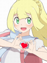 Rule 34 | 1girl, :d, backpack, bag, blonde hair, blush, braid, commentary request, creatures (company), drill bulbul, eyelashes, frills, game freak, green eyes, hands up, heart, heart hands, highres, lillie (pokemon), long hair, nintendo, open mouth, own hands together, pink bag, pokemon, pokemon sm, ponytail, raised eyebrows, shirt, short sleeves, smile, solo, sweatdrop, tongue, upper body, white shirt