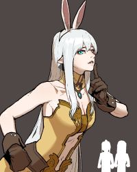 Rule 34 | 1girl, animal ears, bare shoulders, blue eyes, breasts, brown background, brown gloves, rabbit ears, cleavage, detached collar, dress, fake animal ears, finger to mouth, gloves, gogalking, grey hair, hairband, hand on own hip, highres, index finger raised, leaning forward, long hair, original, parted lips, pointy ears, shushing, simple background, smile, solo focus, very long hair, yellow dress