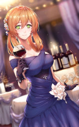 Rule 34 | 1girl, absurdres, alcohol, alternate eye color, alternate hairstyle, bare shoulders, black gloves, blue dress, blue eyes, blurry, blurry background, blush, bokeh, braid, breasts, brown hair, cleavage, closed mouth, crown braid, cup, depth of field, dress, drinking glass, dutch angle, earrings, flower, flower earrings, girls&#039; frontline, gloves, hair between eyes, hair flower, hair ornament, hair rings, hair up, hand up, highres, holding, holding cup, indoors, jewelry, large breasts, light particles, long hair, looking at viewer, off-shoulder dress, off shoulder, official alternate costume, rose, sidelocks, smile, solo, springfield (girls&#039; frontline), springfield (queen in radiance) (girls&#039; frontline), tama yu, upper body, white flower, white rose, wine, wine glass