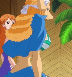 Rule 34 | 2girls, alternate costume, animal ears, back, bikini, bikini top only, breasts, brown hair, cleavage, curly hair, curvy, dog ears, dog girl, dress, hair ornament, highres, large breasts, long hair, looking at another, looking at viewer, looking down, mink tribe, multiple girls, nami (one piece), nami (one piece) (post-timeskip), nami (one piece) (zou), official alternate costume, one piece, orange hair, revealing clothes, sad, screencap, short dress, sideboob, sweat, swimsuit, third-party edit, toei animation, upper body, very long hair, wanda (one piece), wide hips