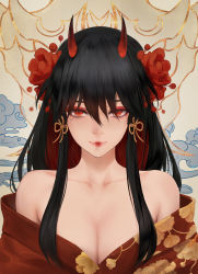Rule 34 | 1girl, aztodio, bare shoulders, black hair, breasts, cleavage, colored inner hair, commentary, english commentary, flower, hair between eyes, hair flower, hair ornament, highres, horns, japanese clothes, kimono, light smile, lips, long hair, looking at viewer, multicolored hair, oni, oni horns, original, red eyes, red hair, red horns, red kimono, solo, symbol-shaped pupils, upper body, yukata