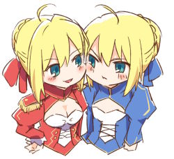 Rule 34 | 10s, 2girls, ahoge, artoria pendragon (all), artoria pendragon (fate), ayakashi (monkeypanch), blonde hair, blue eyes, fate/extra, fate/stay night, fate (series), multiple girls, nero claudius (fate), nero claudius (fate), nero claudius (fate/extra), saber (fate), short hair, simple background, underbust